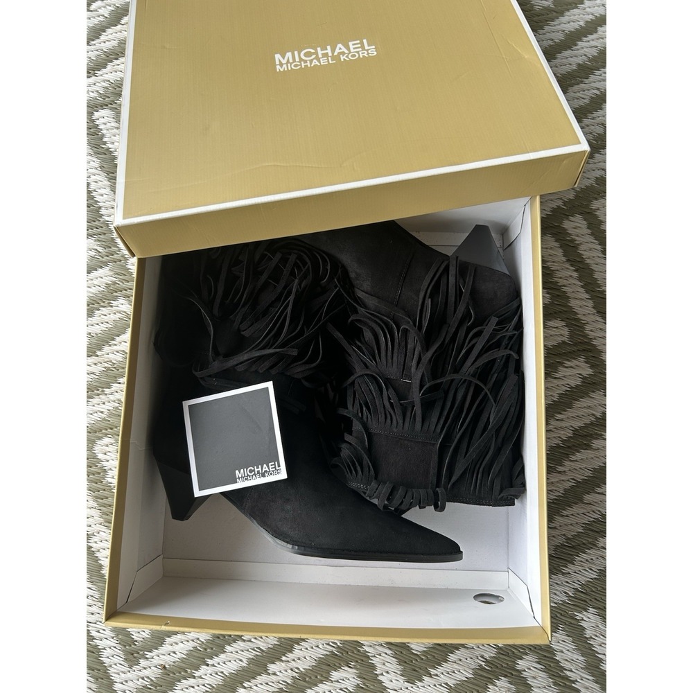 $298 NEW! Michael Kors Woman's Boots Jayla Heeled Bootie Fringe Kitten Heel 7.5 - Picture 2 of 6
